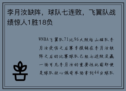 李月汝缺阵，球队七连败，飞翼队战绩惊人1胜18负